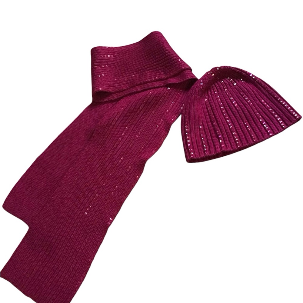 Pink sequined hat and scarf set